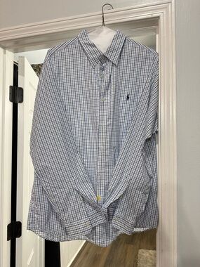 Ralph Lauren Men’s Blue and White Windowpane Button-Down Shirt